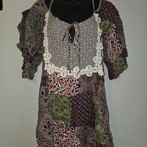 Lucy Love Patchwork Boho Off-the-shoulder Tunic / Mini Dress / Blouse with Lace